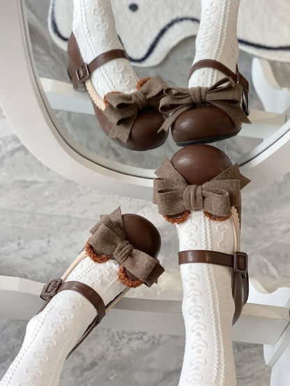 Chocolate Regular/Thicken Scalloped with Version - Sweet Bear-themed Lolita Trim Low/Mid Bow Removable Ornate Heels