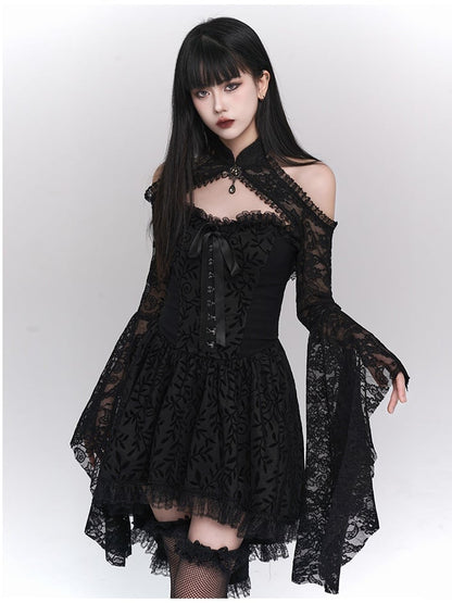 Gothic Black Banded Collar Bell Sleeves Lace Shrug