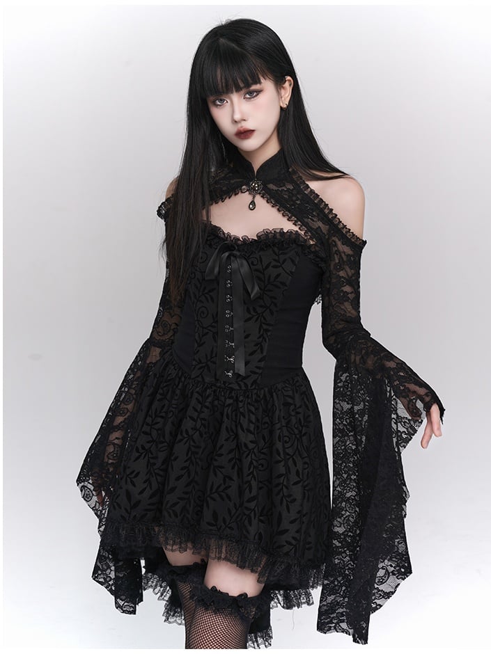 Black Gothic Off-the-shoulder Ruffled Lace High-low Neckline Dress
