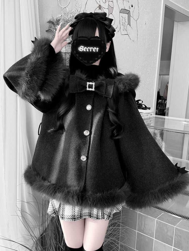 Clean & Innocent Black Jirai Kei Wool Cape Coat - Detachable Bunny Ears & Plush Edge Detailing