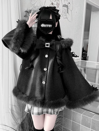 Clean & Innocent Black Jirai Kei Wool Cape Coat - Detachable Bunny Ears & Plush Edge Detailing