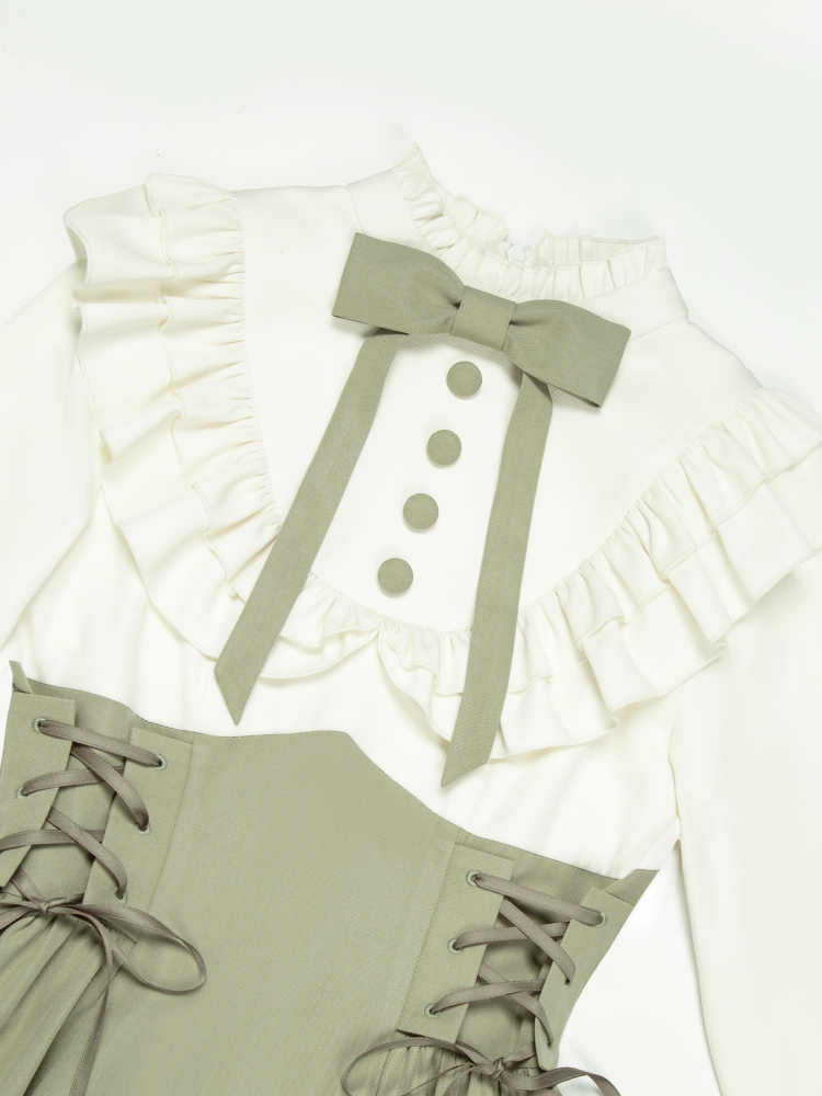 Light Green and Beige Ruffle Neckline Long-Sleeve Spring Classic Lolita Dress Layered-Look