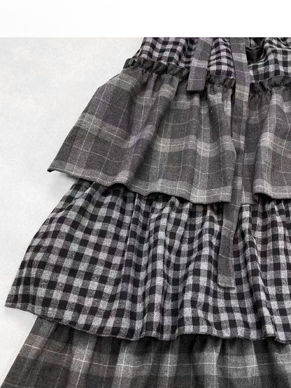 セルフタイダークストラップティアードチェックグレーパターンスカートビタースイート