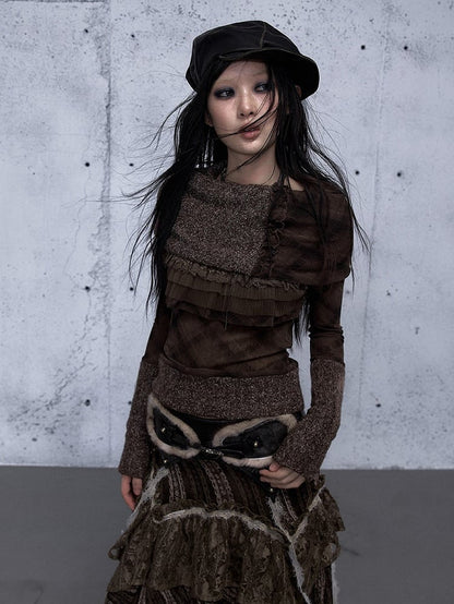 Long Lace Trim Vintage Sleeve Top Crisscross Dark with Pattern Ruffle Stripe Green Punk