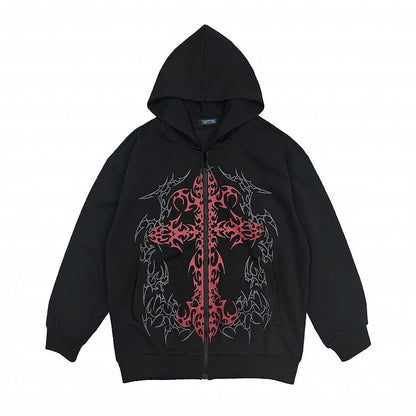 Black Cross Gothic with Zip-Up Red Print Hoodie Thin/Thick
