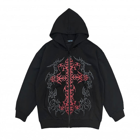 Black Cross Gothic with Zip-Up Red Print Hoodie Thin/Thick