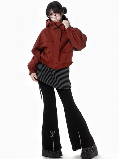 Red and Black Colorblock Sleeves Hooded Crop Jacket