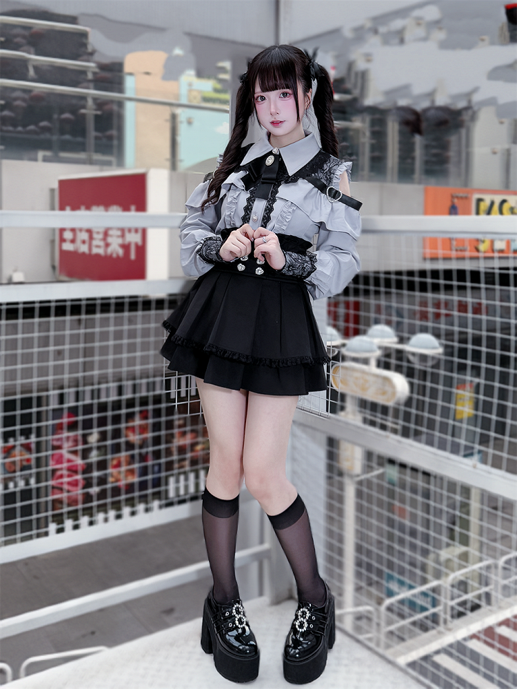 Long Blouse Sleeves Dusty Buttons Blue - Kei Sweetheart Jirai