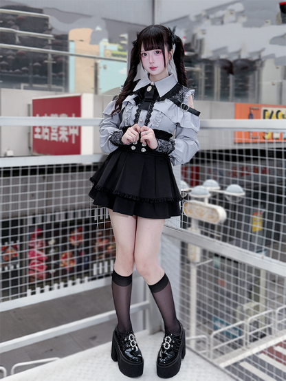 Long Blouse Sleeves Dusty Buttons Blue - Kei Sweetheart Jirai