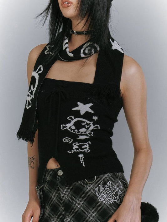 with Star Edgy Matching Punk Print Slit Scarf Skull Top + Black Front Strapless