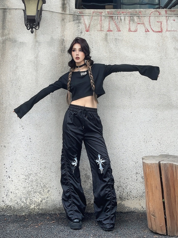 ウエストクロスプリントデザイン ドローストリング ブラック ルーシュ カジュアルパンツ
