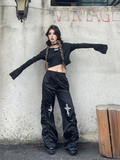 ウエストクロスプリントデザイン ドローストリング ブラック ルーシュ カジュアルパンツ