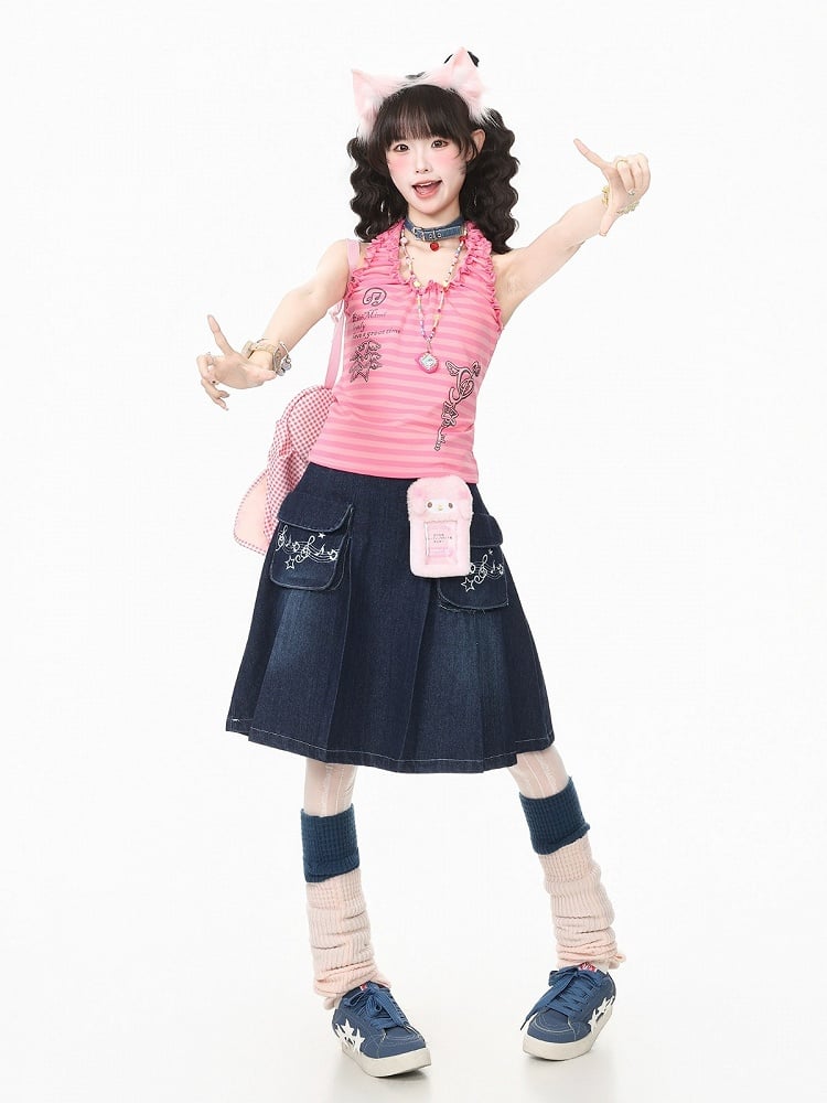 Pink Striped Tank Top with Ruffle Trim and Key Print - Languid Park