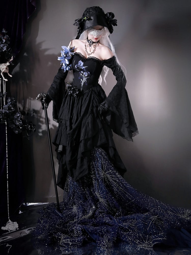 Lolita Black Skirt Dress Drawstring Iris with Gothic Elegant Embroidery