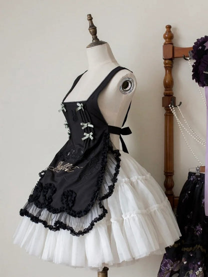 Black Square Neckline with Apron Embroidery Details Lolita