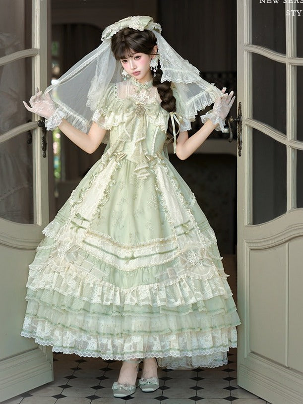 Emerald Lace-Trimmed OP Dress with Embroidered Flowers and Train - Mademoiselle Pearl