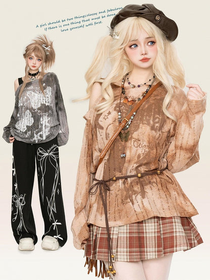 Grey/Brown Butterflies Asymmetrical Neckline Tie Dye Top