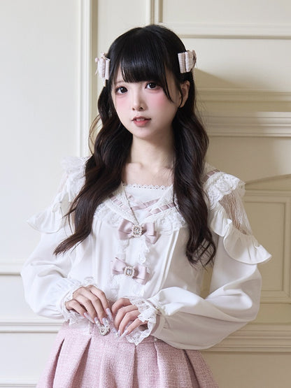 Pink White Rhinestones Bowknots Blouse Jirai Kei Sailor Collar Ruffled Lace Trim