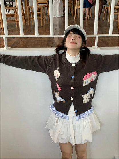 Gray Print Button Home Sweater Warm with Front