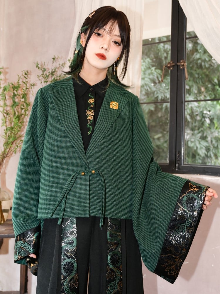 Sleeves Snake Crop with Brocade Han Cheongsam Gothic Green Wide Blazer