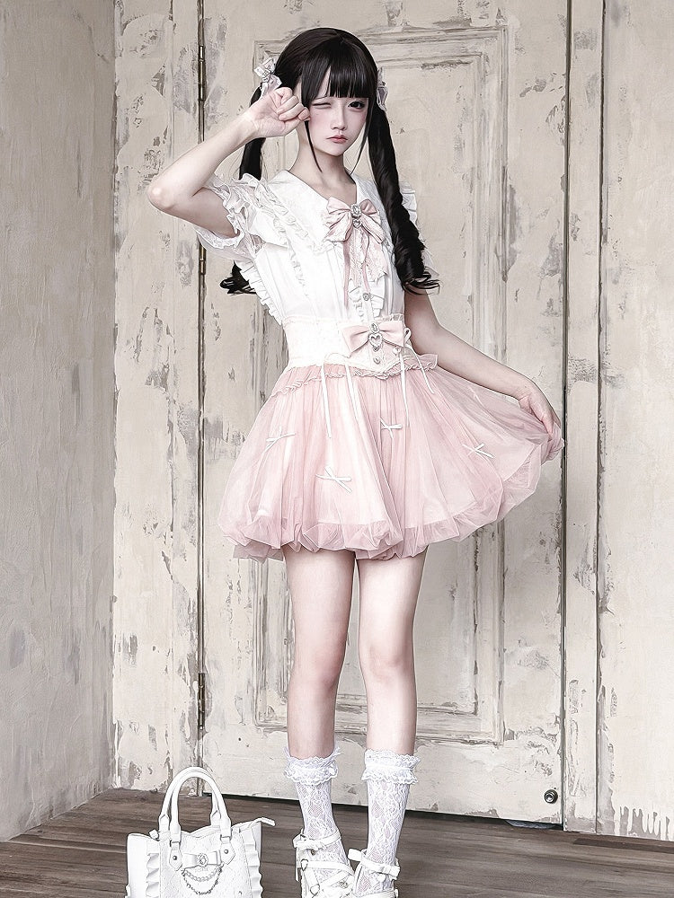Pure White Lace Cutout Shoulder Short Sleeve Ruffle Blouse - Ekomi