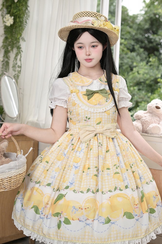Chick Yellow Print Lemon Dress and Sweet Lolita High Waist Gingham