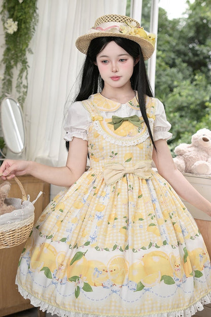 Chick Yellow Print Lemon Dress and Sweet Lolita High Waist Gingham
