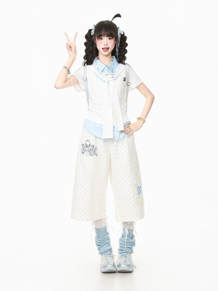 Tie-Detail Waist-Cinched Faux Layered Top in Blue and White Dot Print - Languid Park