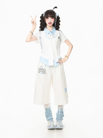 Tie-Detail Waist-Cinched Faux Layered Top in Blue and White Dot Print - Languid Park