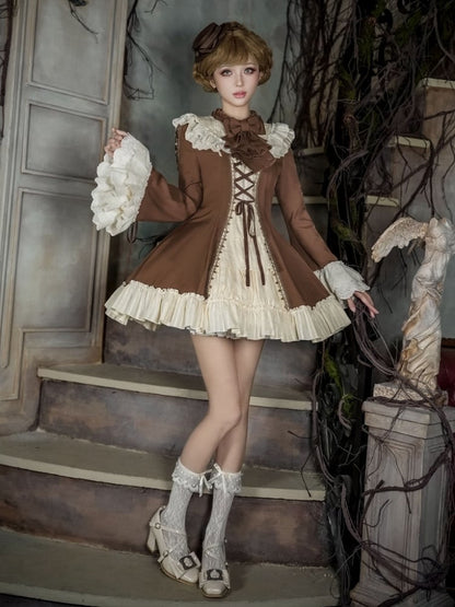 and Beige Ruffle Neckline Brown Sleeves Dress Lolita Bell Version Short