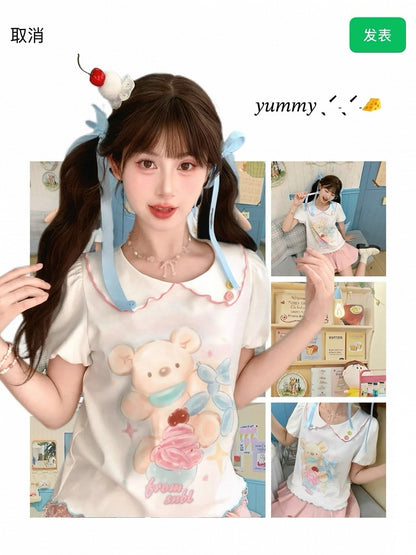 漫画のクマのプリント裾ホワイトピーターパンカラーパフスリーブコントラストレタスTシャツ