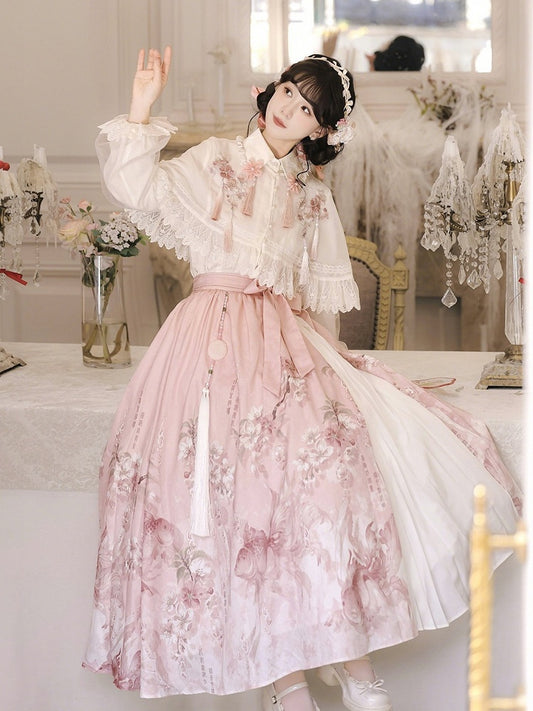 Pink and White Chinese-Style Long-Sleeved Top Set with Floral Print Skirt and Lace-Trimmed Chiffon Cape - Han Ru Chu Hanfu &amp; Han-Element Studi