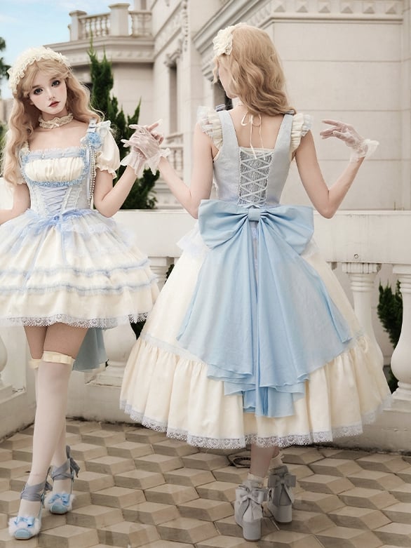 Neckline Blue Waist Full and Beige Lolita Versatile Fit JSK Set Light Slim