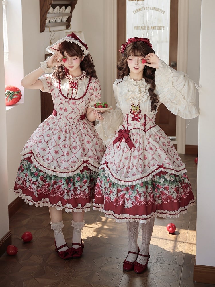 Elastic-Waist Lolita Skirt Featuring Strawberry Floral Motif - Currant