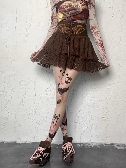 Print Skull Y2K Tights Sweet Nude Heart and Grunge