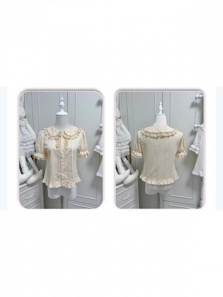 Beige Short Sleeves Lolita Cotton Blouse Lace Trim Bead Details - Jelly Girl