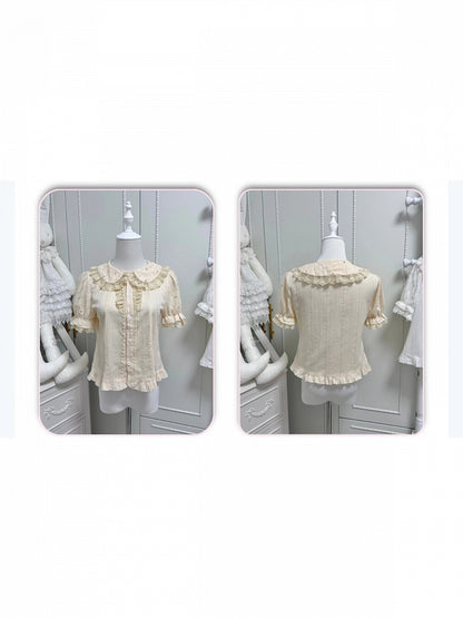 Beige Short Sleeves Lolita Cotton Blouse Lace Trim Bead Details - Jelly Girl