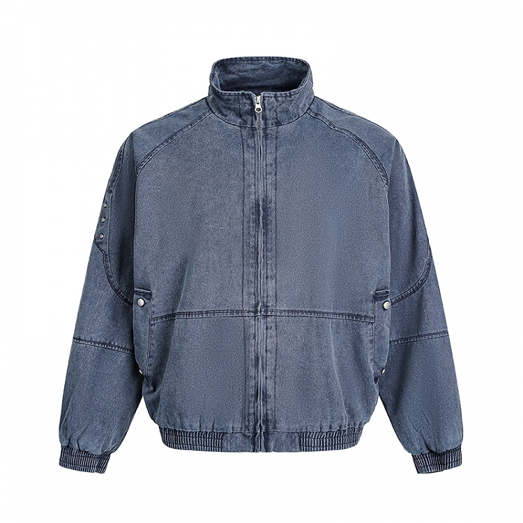 Design Stehkragen Faded Wash Distressed Blau/Apricot Jacke Herbst Reißverschluss