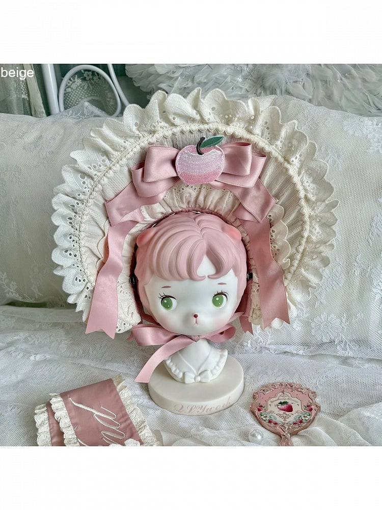 Embroidered Apple & Bow Accent Mint/Beige Bonnet Headpiece - Yinying Lolita