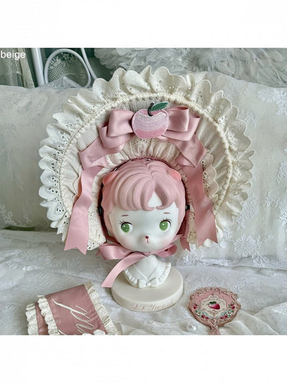 Embroidered Apple & Bow Accent Mint/Beige Bonnet Headpiece - Yinying Lolita