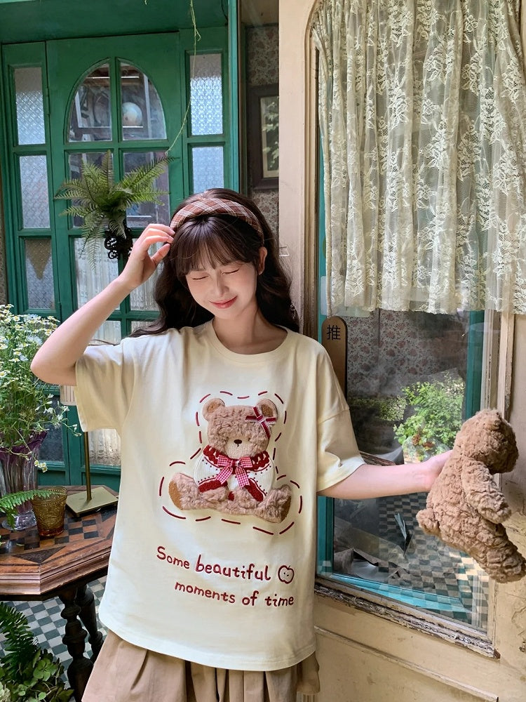 Cotton Plush Bear Embroidery Apricot Round Neck Loose T-shirt