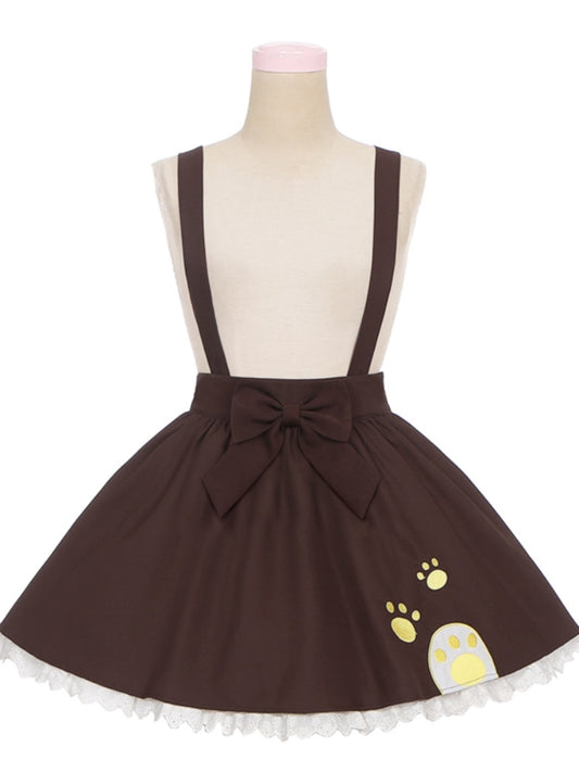 Brown Paw Embroidery Lace Trim Overall Skirt