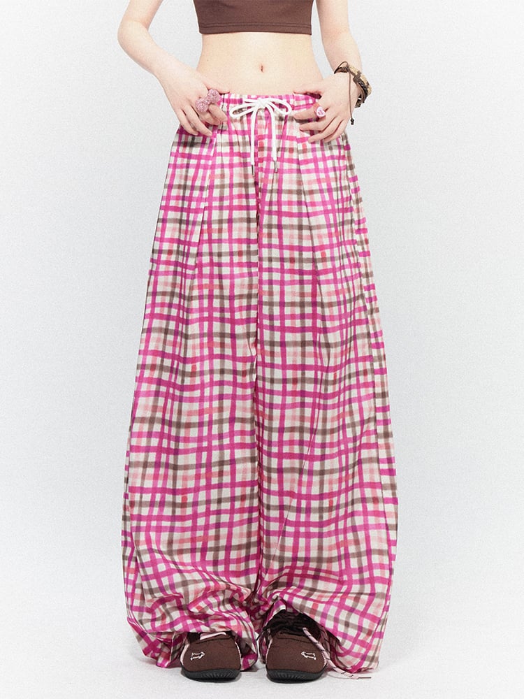 Pink Low-Rise Drawstring Pants Adjustable Checkered Wide-Leg with Waist