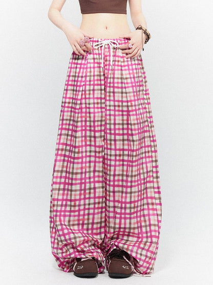 Pink Low-Rise Drawstring Pants Adjustable Checkered Wide-Leg with Waist