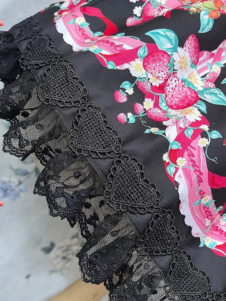 with shaped Pink Strawberry Heart Lace Lolita Dress Black Trim Sweet Print JSK