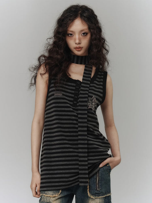 Punk Placket Gray Safety Partial Pin Black Button Top Tank Striped with Star