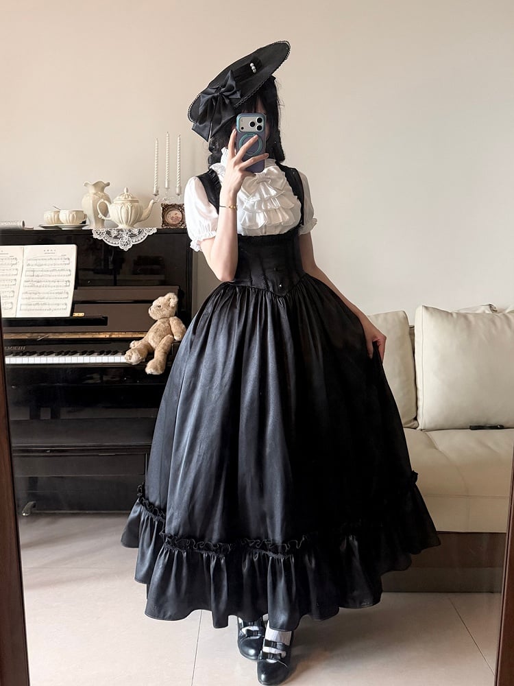 Black Satin Basque Waist Under Bust Classic Lolita JSK - Alice in Wonderland Lolita