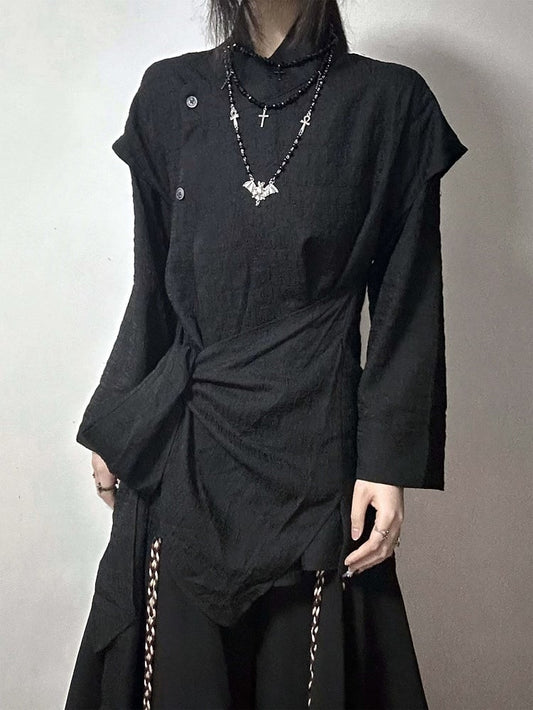 Corset Fake with Details Hem Belt Two-piece Black Asymmetrical Shirt Buckle