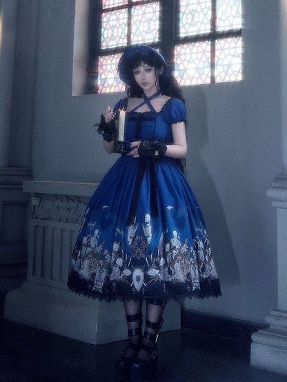 Cross Trim Black Gothic Skeleton Dress and Lace Lolita with Print Blue