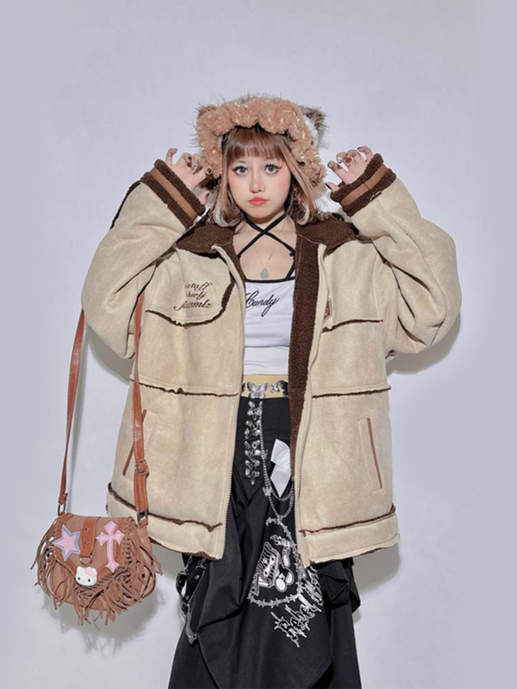 Khaki Letter Contrast Trim Oversized Jacket